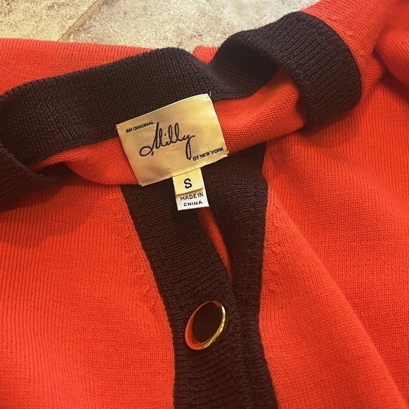 MILLY New York Orange Brown Trim Knit Wool Button Down Cardigan Sweater Small - Picture 4 of 9